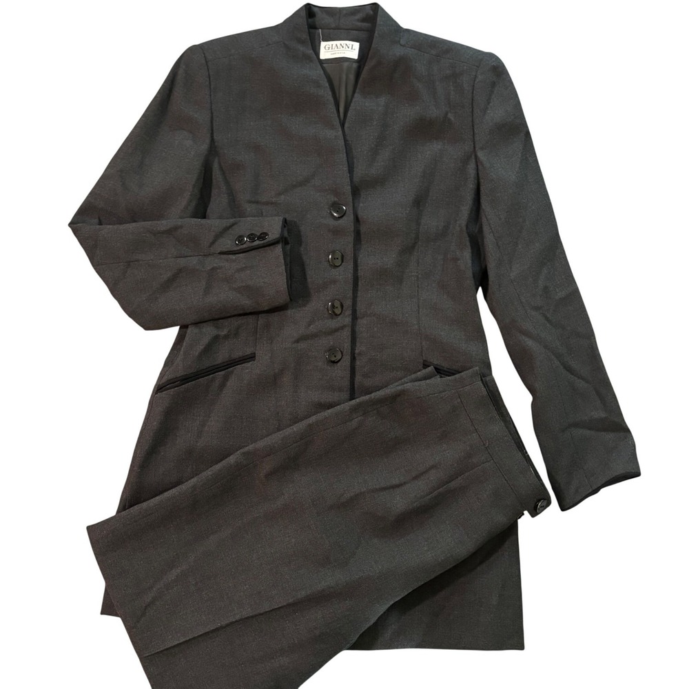 Gianni‎ Vintage Wool Pant Suit 8 Charcoal Gray Longline Blazer Trousers Made USA